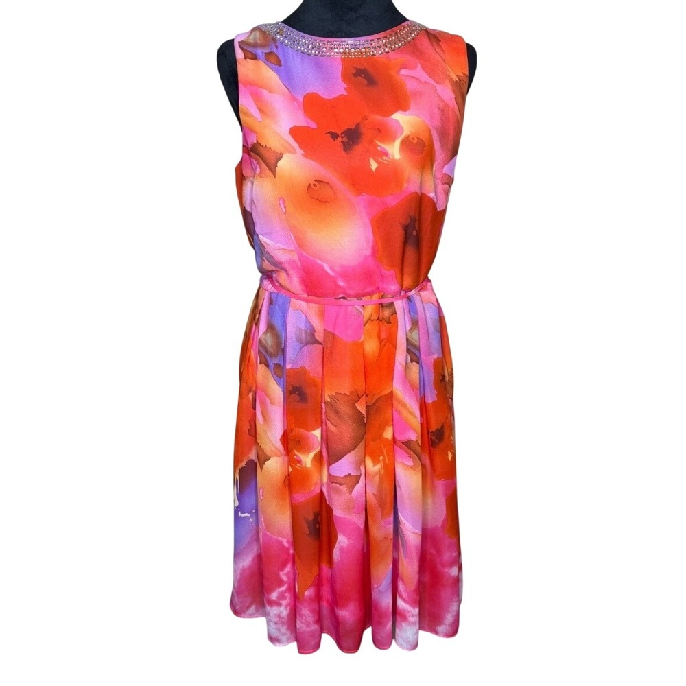 Covington Pink Orange Floral Watercolor Embellished Midi Dress Size 12 Wedding